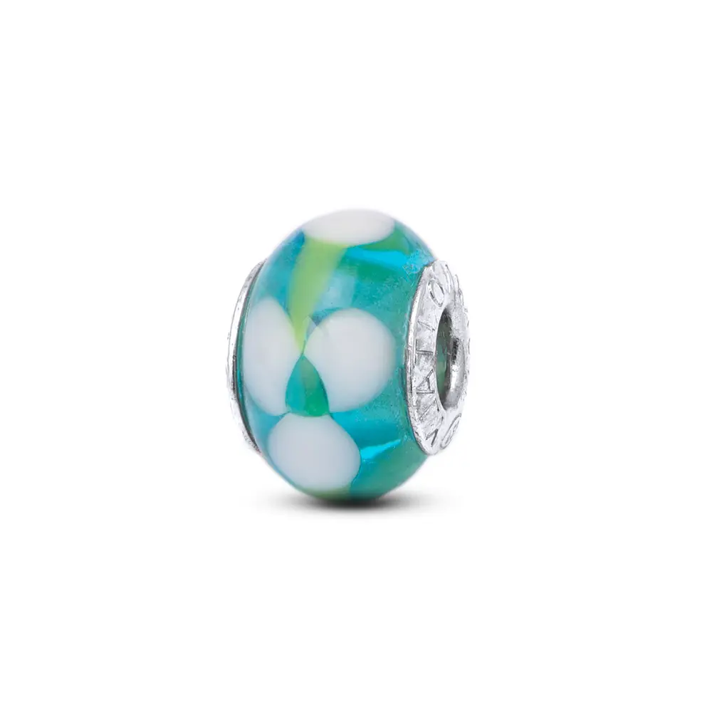Berloque Prata Art Collection Infantil Murano Verde Flores