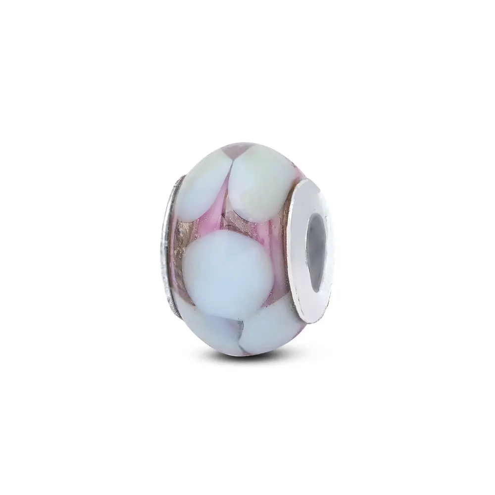 Berloque Prata Art Collection Infantil Murano Rosa Flores Azuis