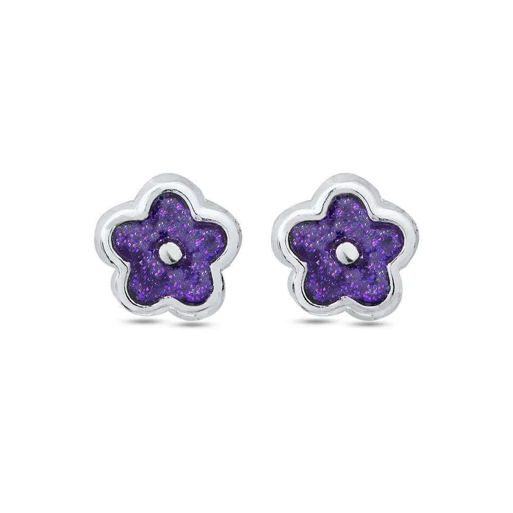 Brinco Prata Infantil Flor Gliter Esmaltado