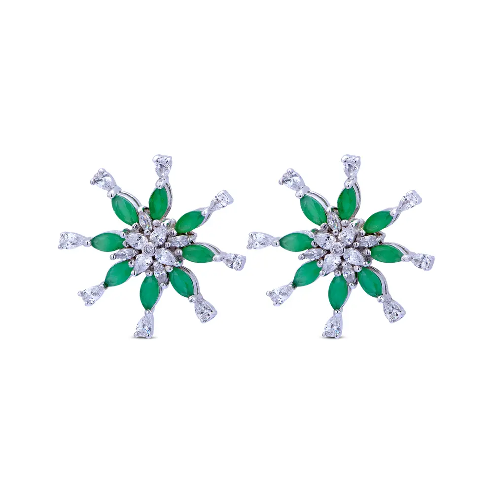 Brinco Banho De Ródio Flor Zircônia Branca E Verde