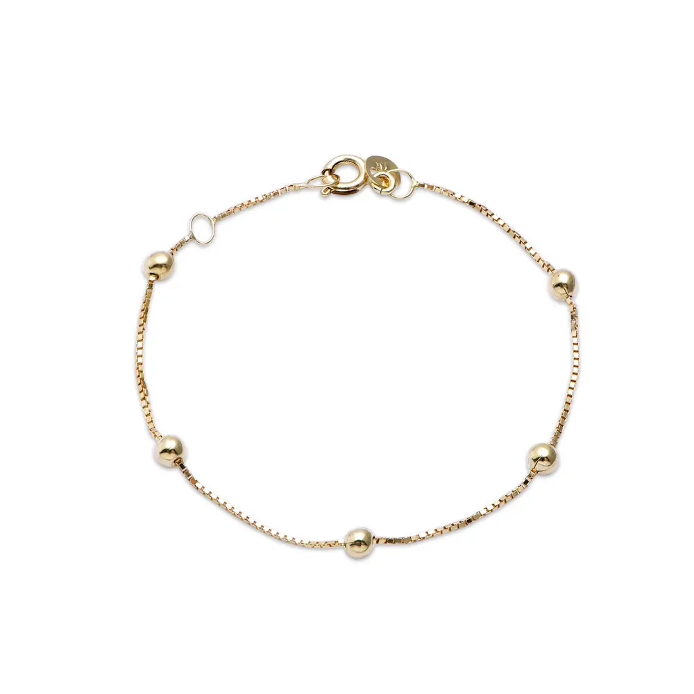 Pulseira Em Ouro 18K Infantil Bolinha Fina Com Malha Veneziana