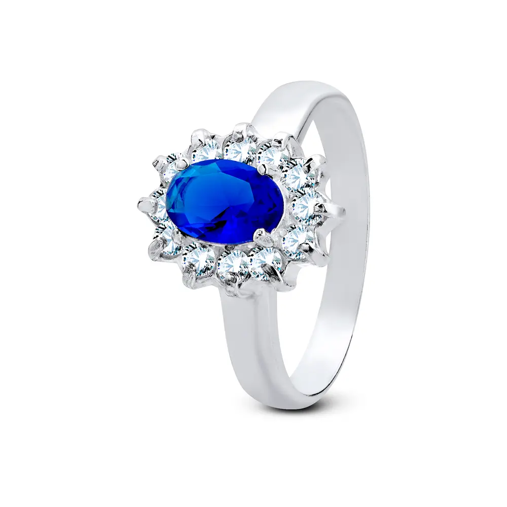 Anel Prata Zircônia Princesa Kate Azul