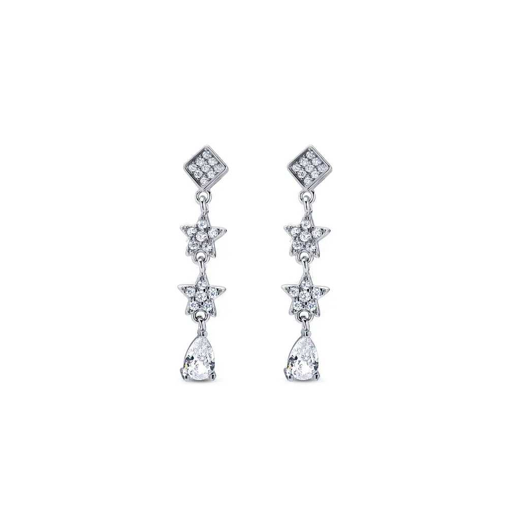 Brinco Prata Rodinada Estrelas E Gota De Zircônias