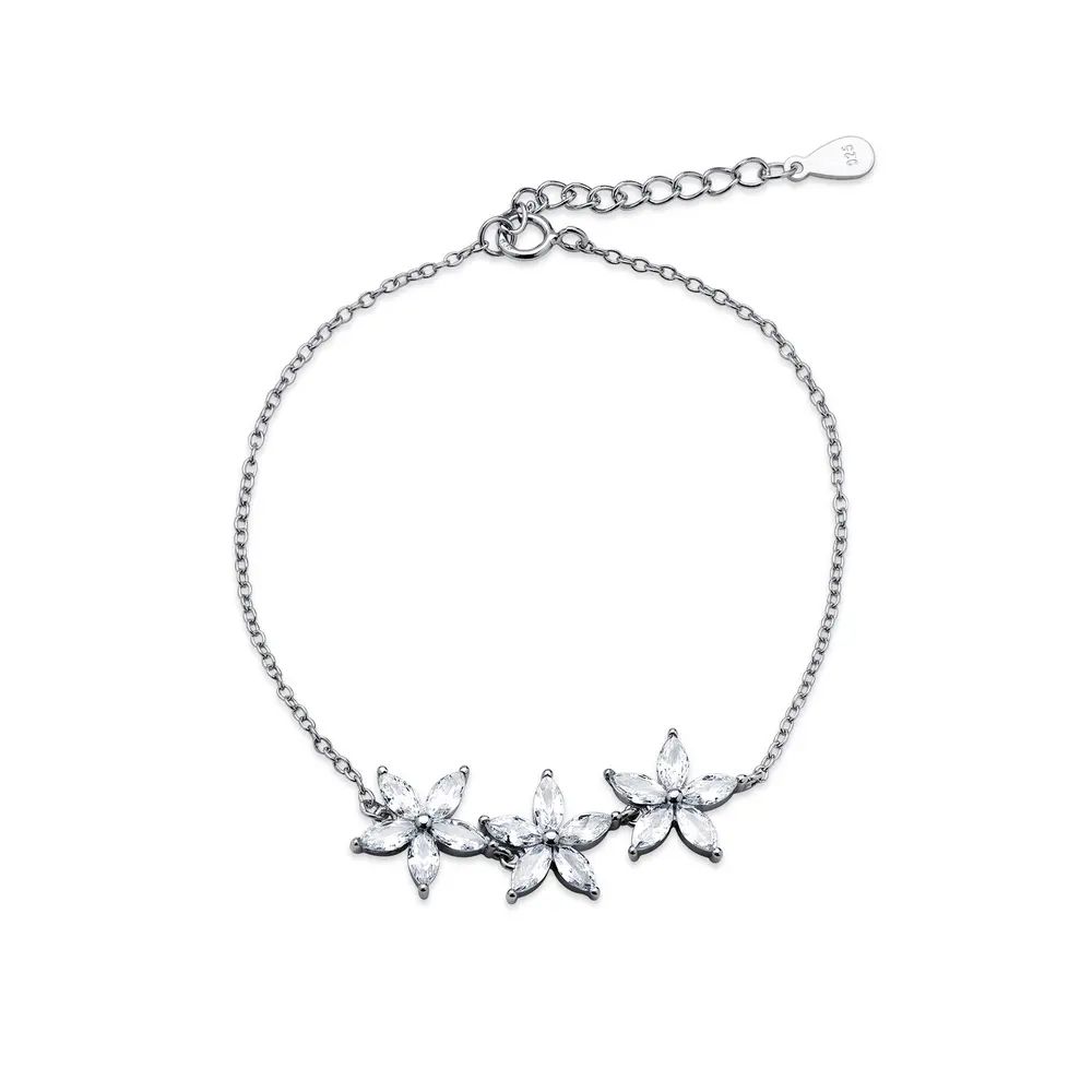 Pulseira Prata Rodinada Três Flores De Zircônias
