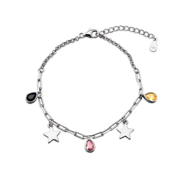 Pulseira Prata Rodinada Estrelas Gotinhas Coloridas De Zircônias