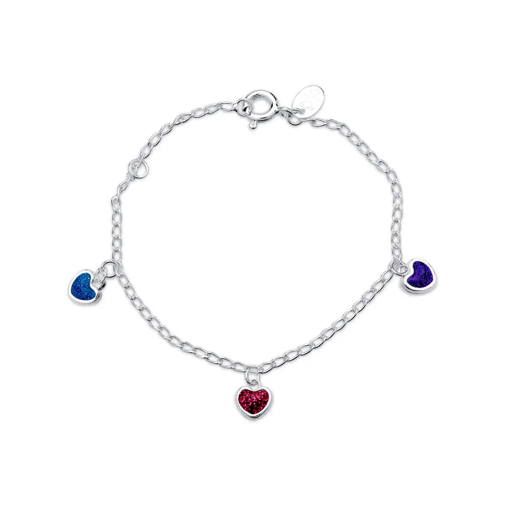 Pulseira Prata Infantil Coração Com Glitter Colorido