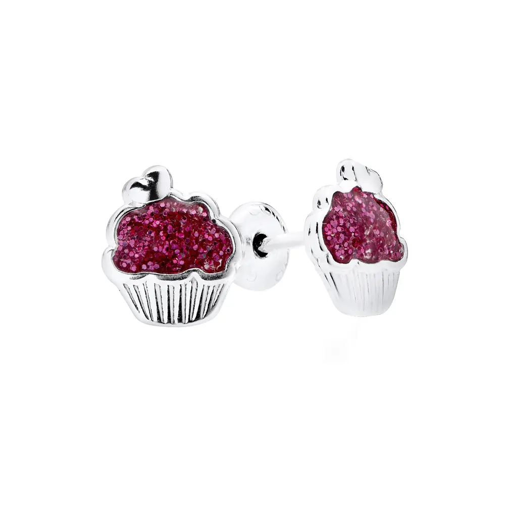 Brinco Prata Infantil Cupcake Glitter Esmaltado