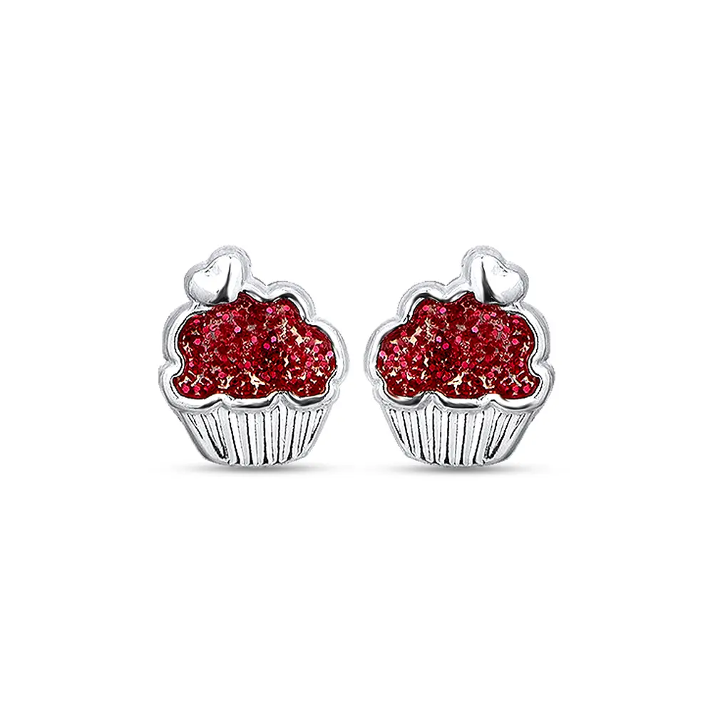 Brinco Prata Infantil Cupcake Glitter Esmaltado