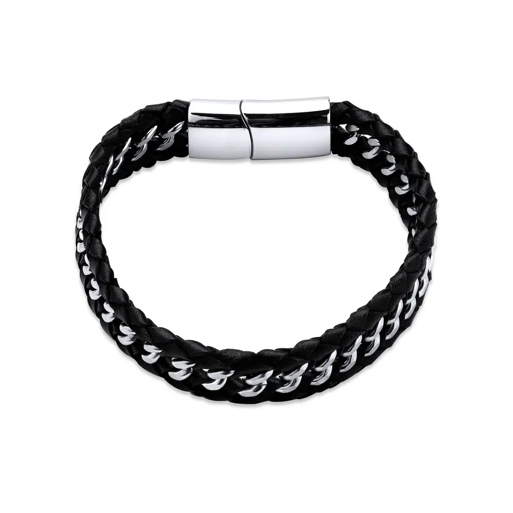 Pulseira Aço Com Couro Trançado Masculina Fecho Imã 21cm