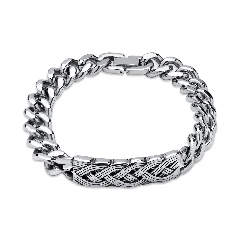 Pulseira Aço Masculina Placa Trançada 21cm