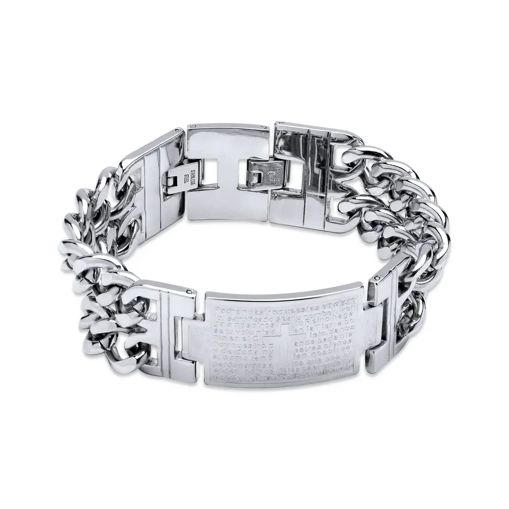 Pulseira Aço Dupla Masculina Com Placa Pai Nosso 21cm
