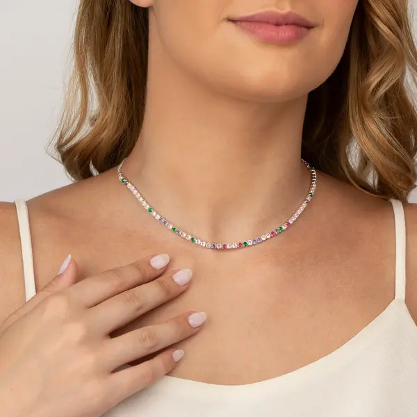 Choker Prata Leve Riviera Zircônia Redonda Colorida