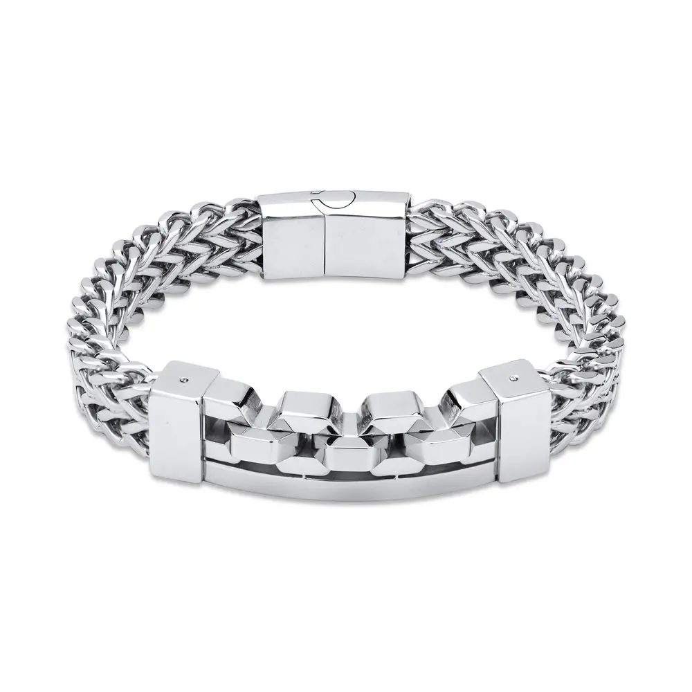 Pulseira Aço Masculina Placa Com Detalhes Fecho Imã 20cm