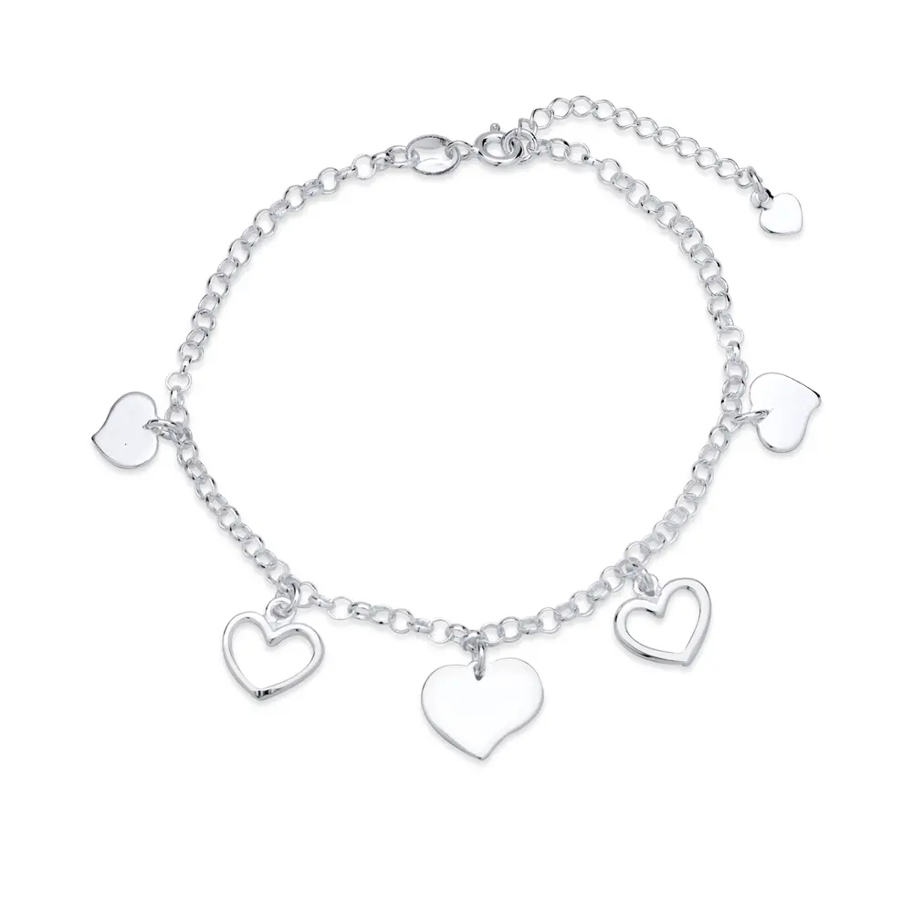 Pulseira Prata Corações Liso E Vazado