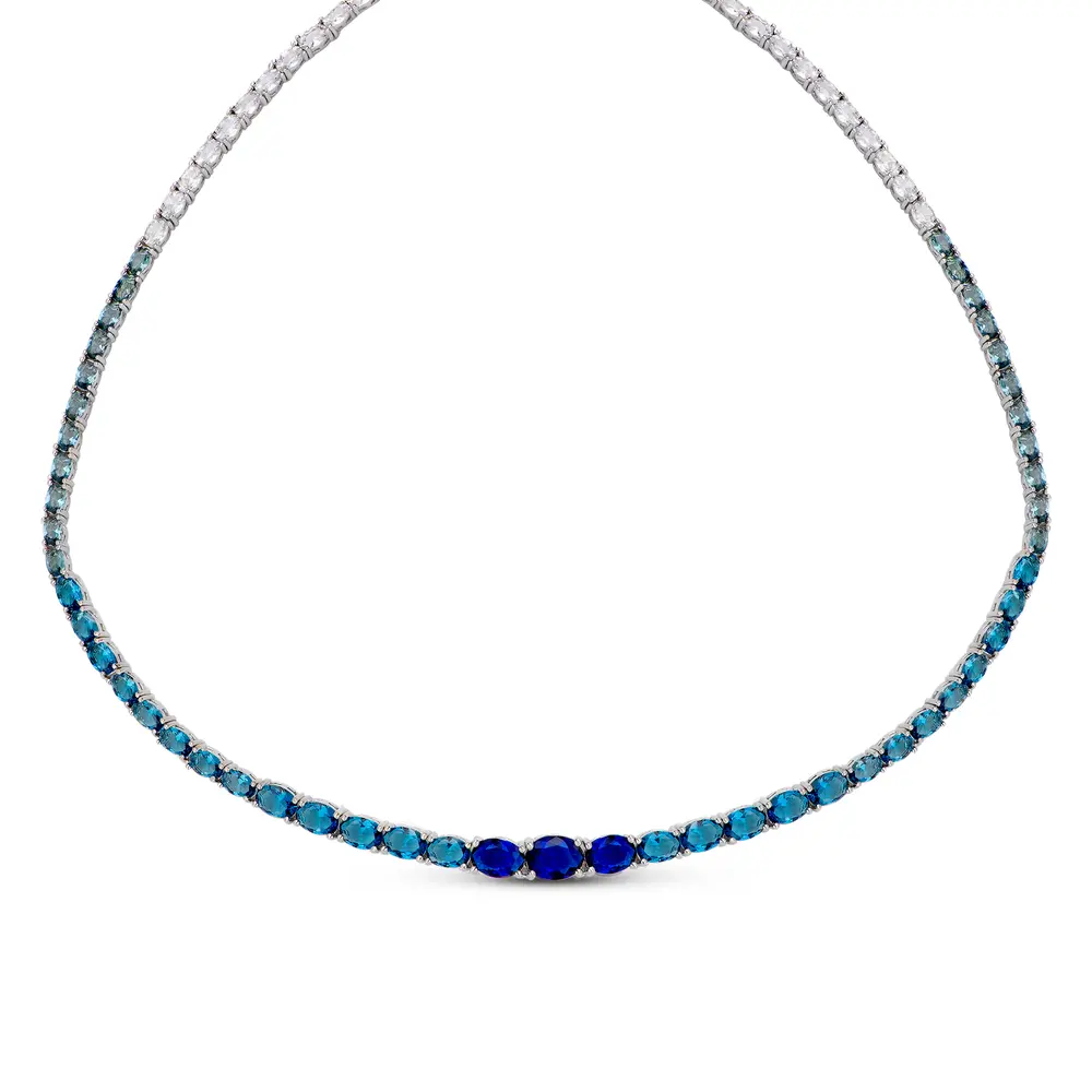 Colar Banho Rodio Zircônias Azul E Branca