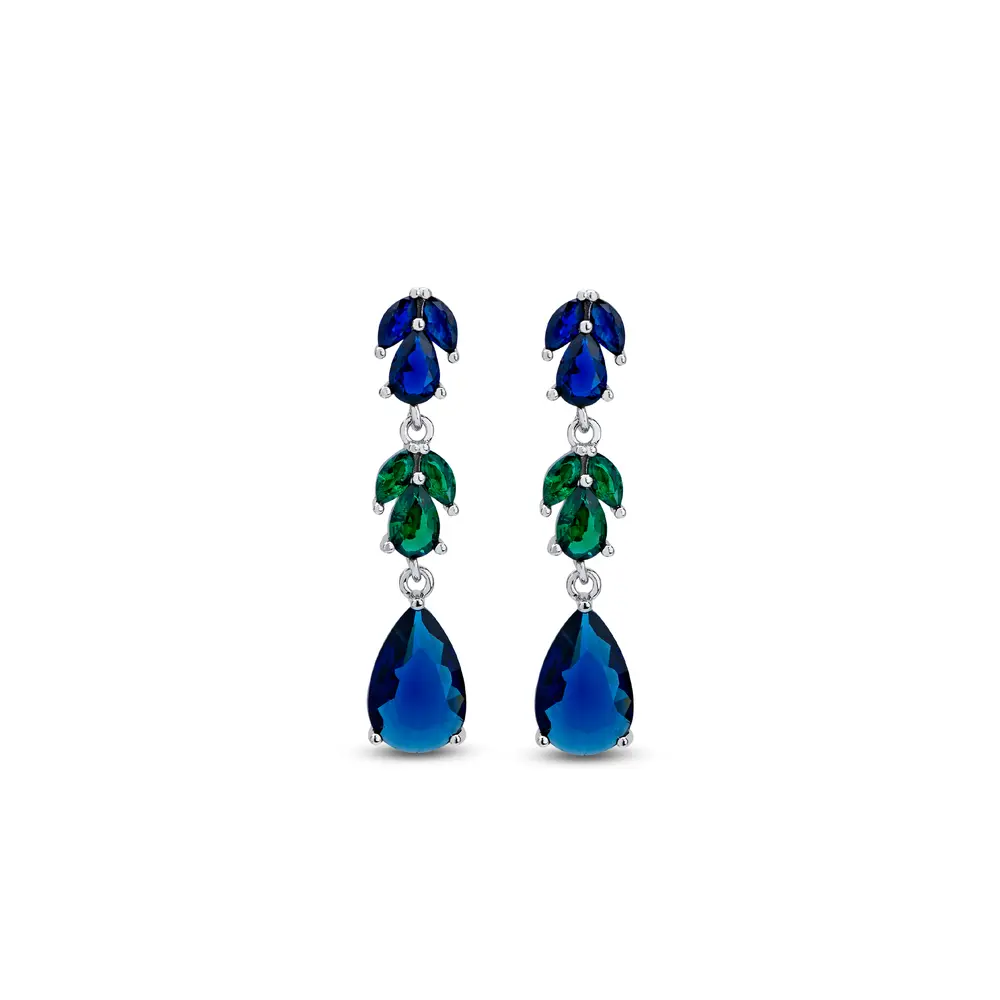 Brinco Prata Rodinada Gota Zircônia Verde E Azul