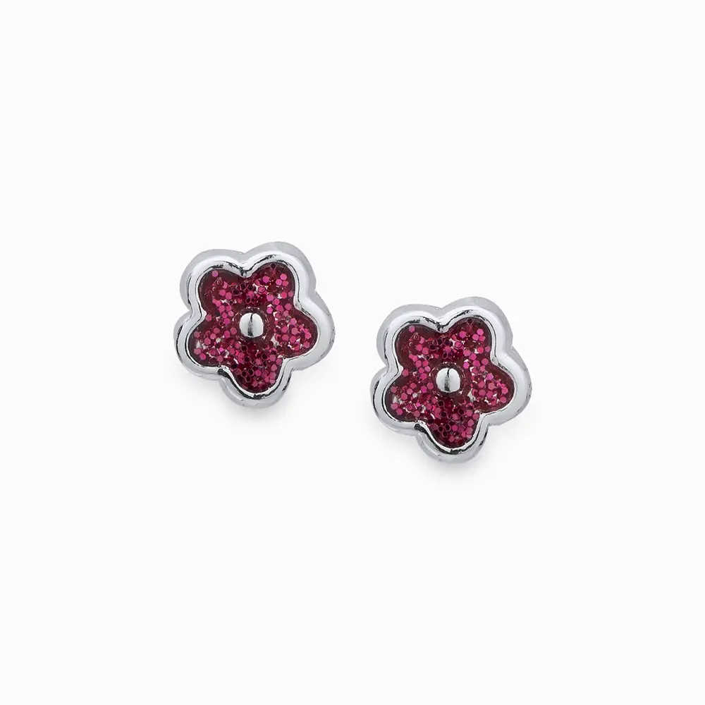 Brinco Prata Infantil Flor Glitter Esmaltado