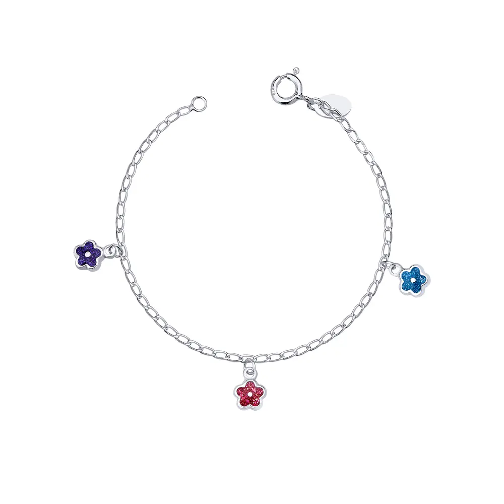Pulseira Prata Infantil Flores Glitter Esmaltado