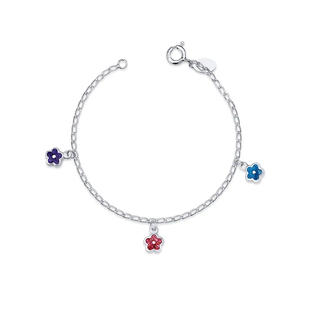 Pulseira Prata Infantil Flores Glitter Esmaltado