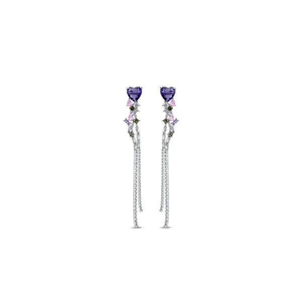 Brinco Banho De Rodio Coração Lilas Com Zircônias Coloridas Penduradas