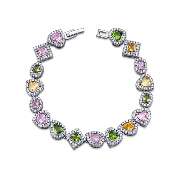 Pulseira Banho De Rodio Corações Colorido De Zircônias