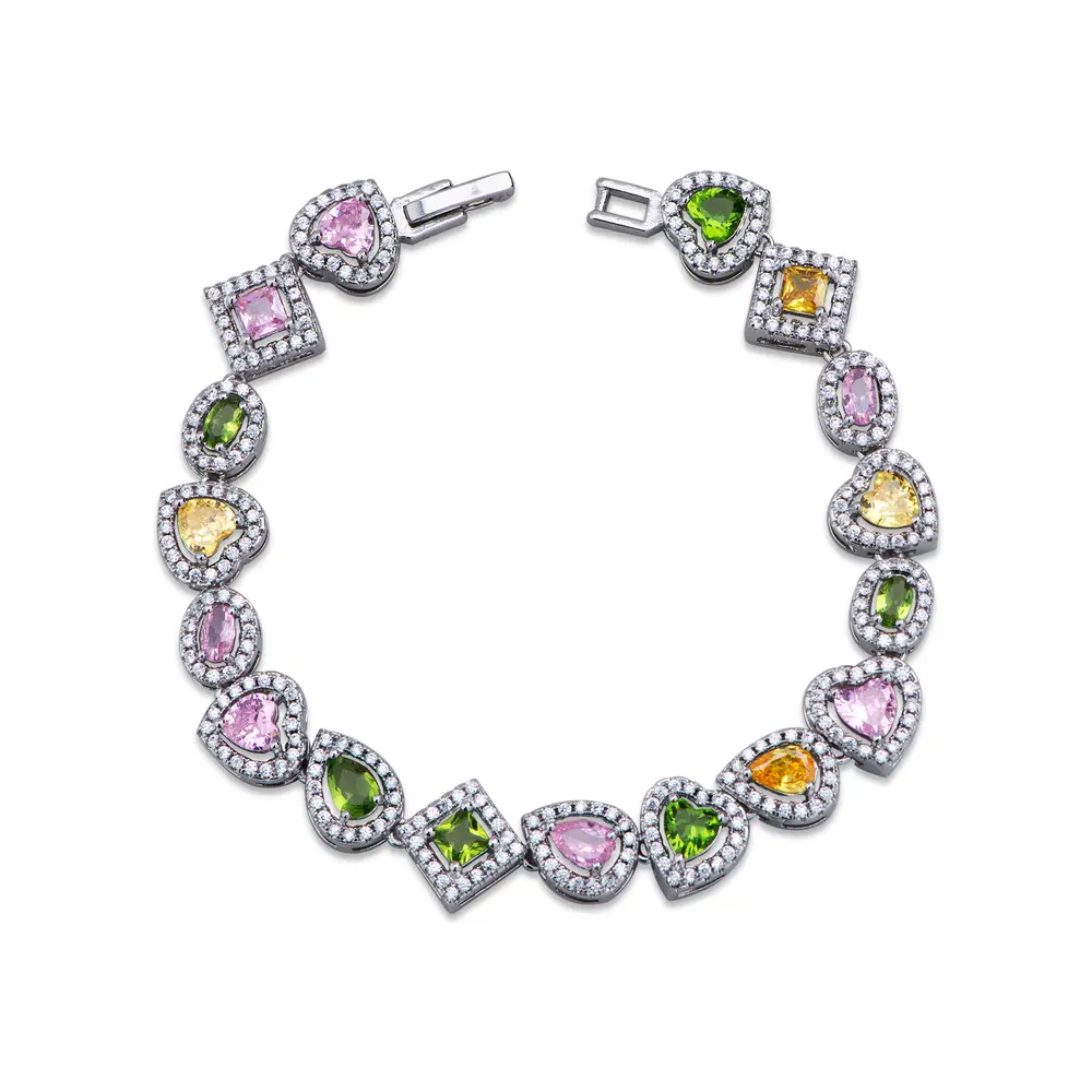 Pulseira Banho De Rodio Corações Colorido De Zircônias