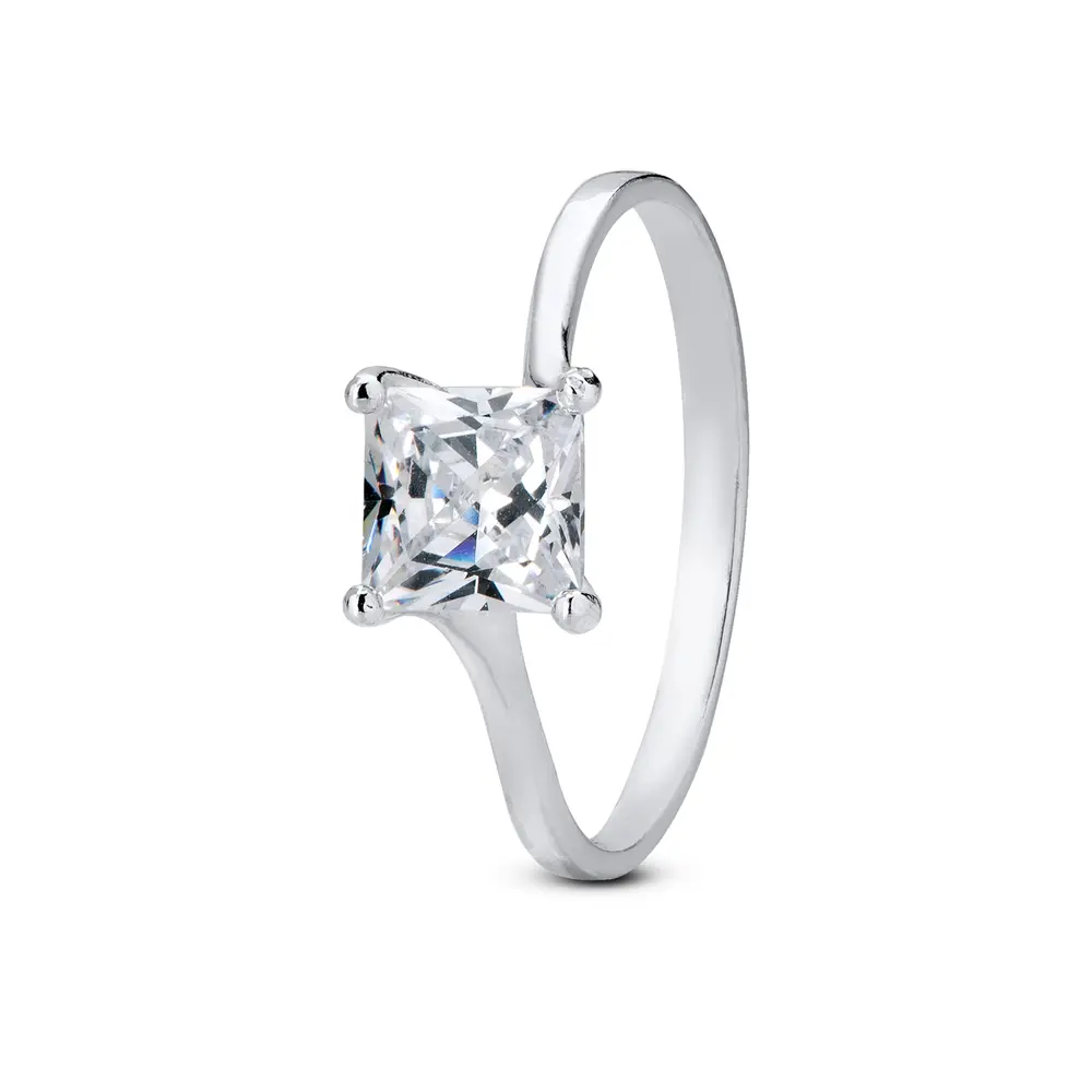 Anel Prata Solitario Zircônia Quadrada Branco