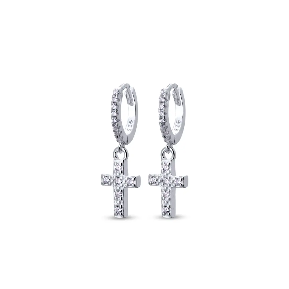Brinco Prata Zirconias Cruz M Argola Click