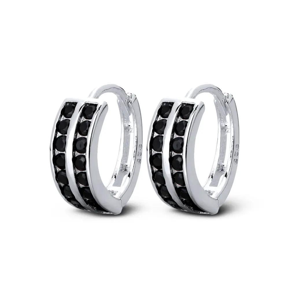 Brinco Prata Com Zircônias Pretas Argola Click