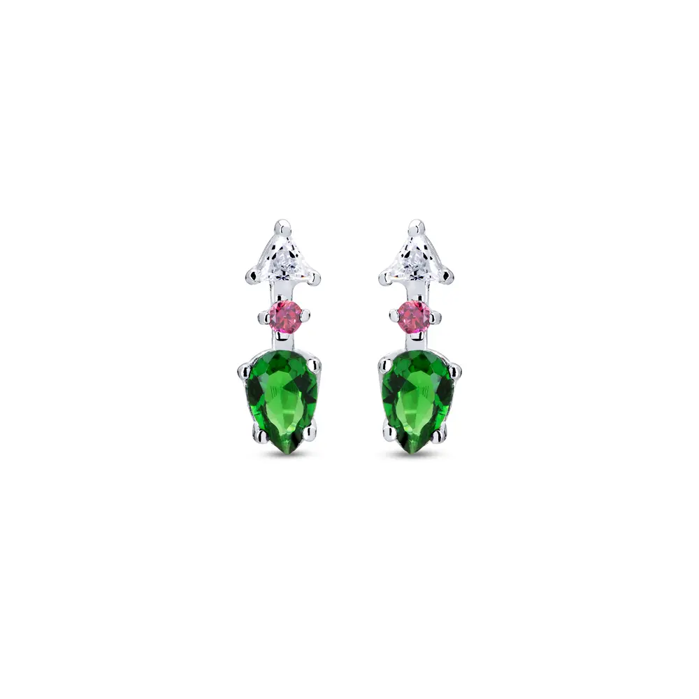 Brinco Prata Pedra Verde Rosa E Branca Rosa