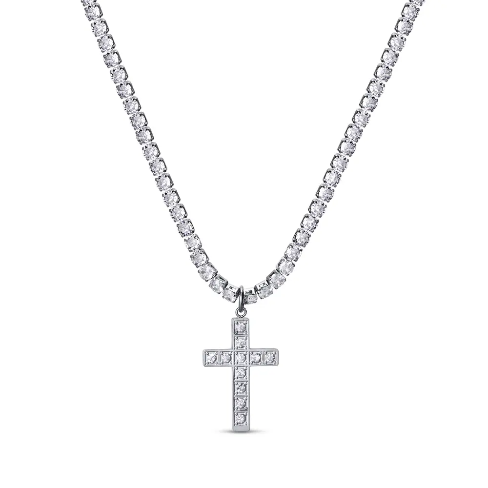 Corrente Aço com Zircônias e Pingente Cruz com Zircônias 60cm 3mm