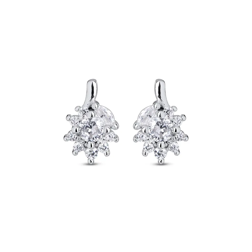 Brinco Prata Com Rodio Flor Com Zirconias