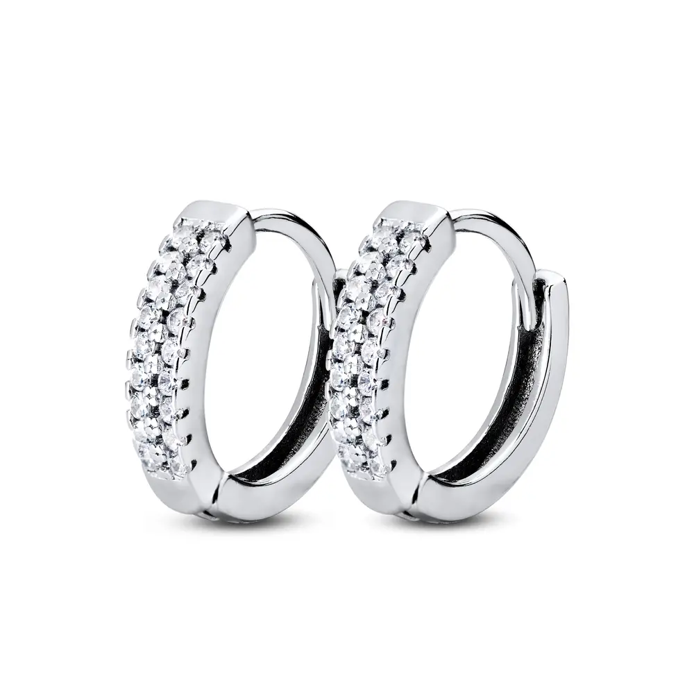 Brinco Prata Rodinado Argola Click Com Zircônias