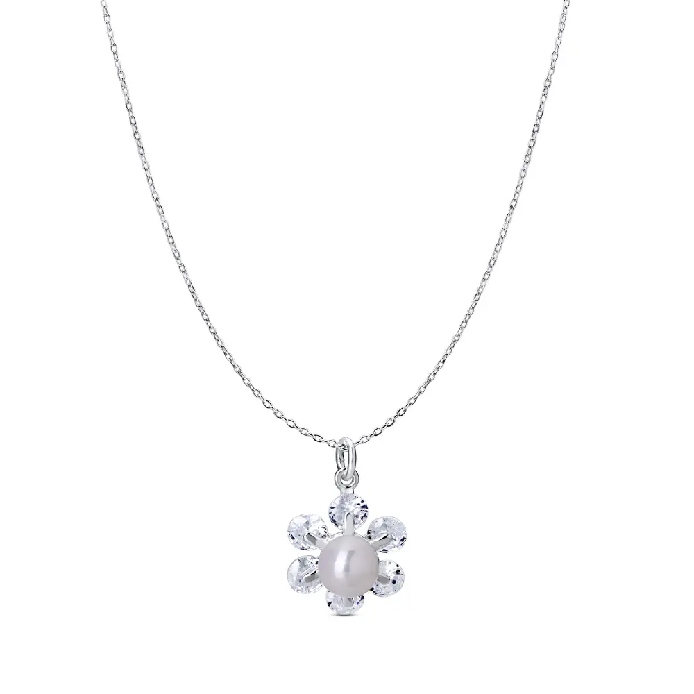 Gargantilha Prata Flor De Zircônias Com Perola