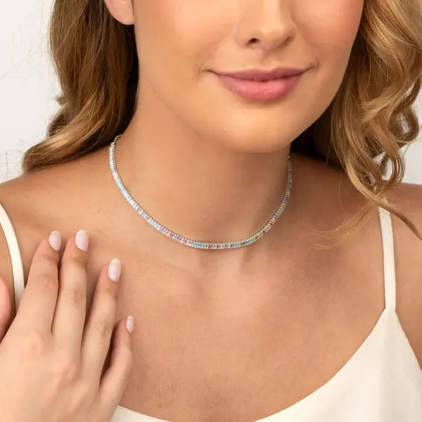Choker Prata Leve Riviera Zircônias Coloridas Quadradas