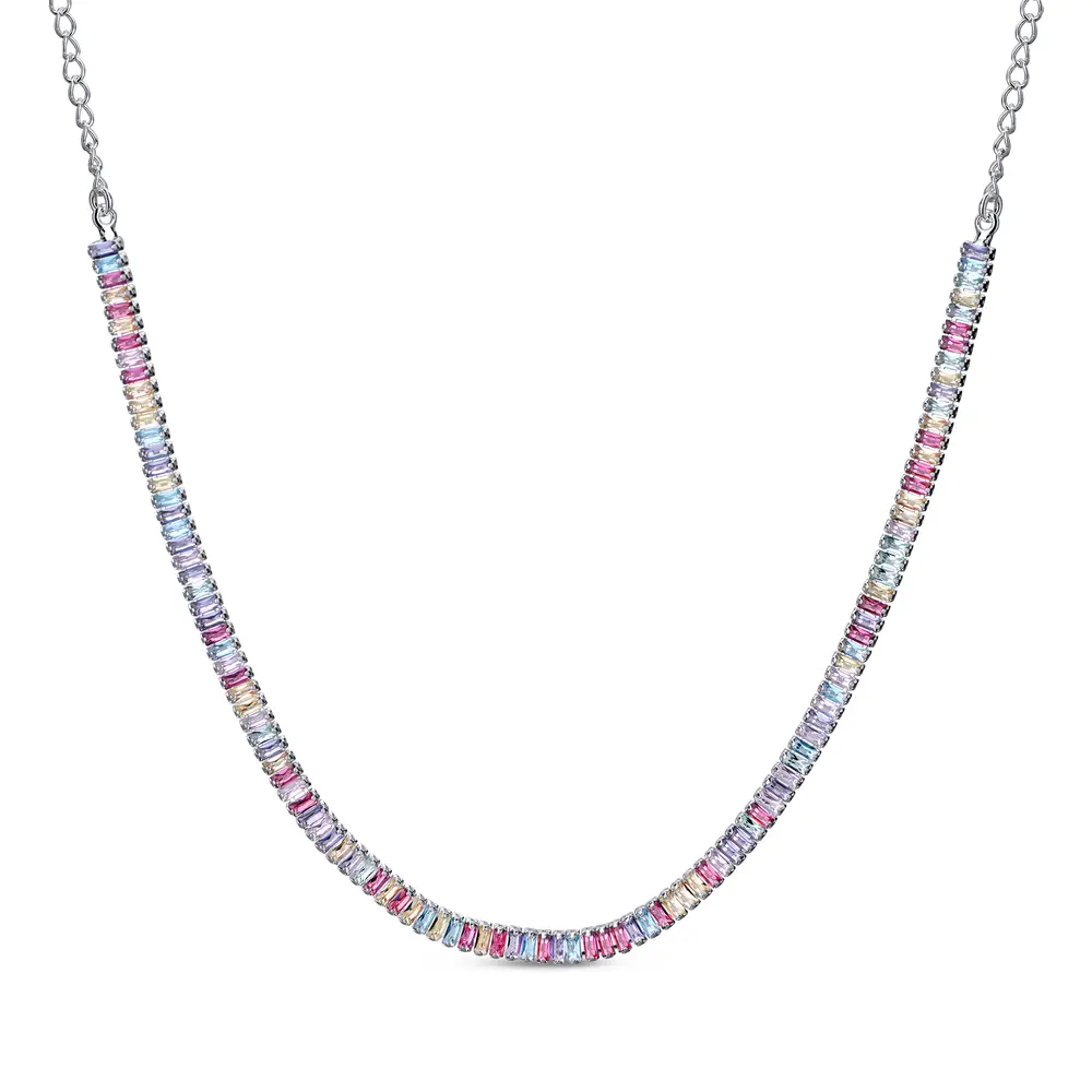 Choker Prata Leve Riviera Zircônias Coloridas Quadradas