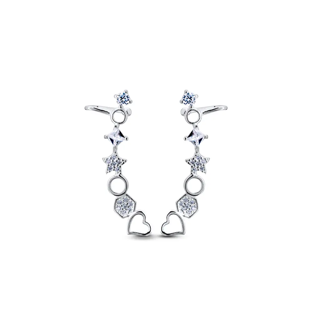 Brinco Prata Ear Cuf Estrelas Com Zircônias
