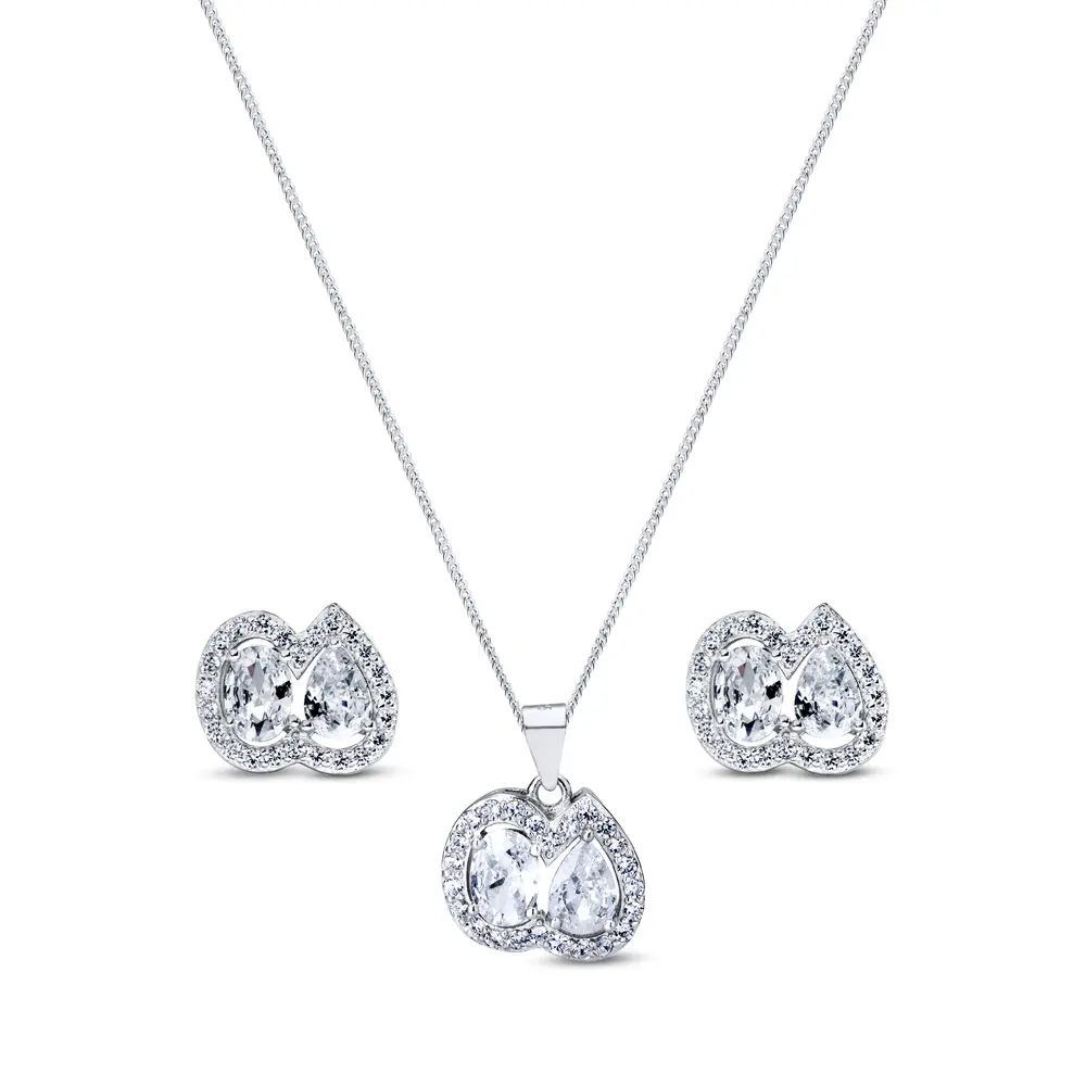 Conjunto Prata Rodinado Duas Gotas Com Zircônias