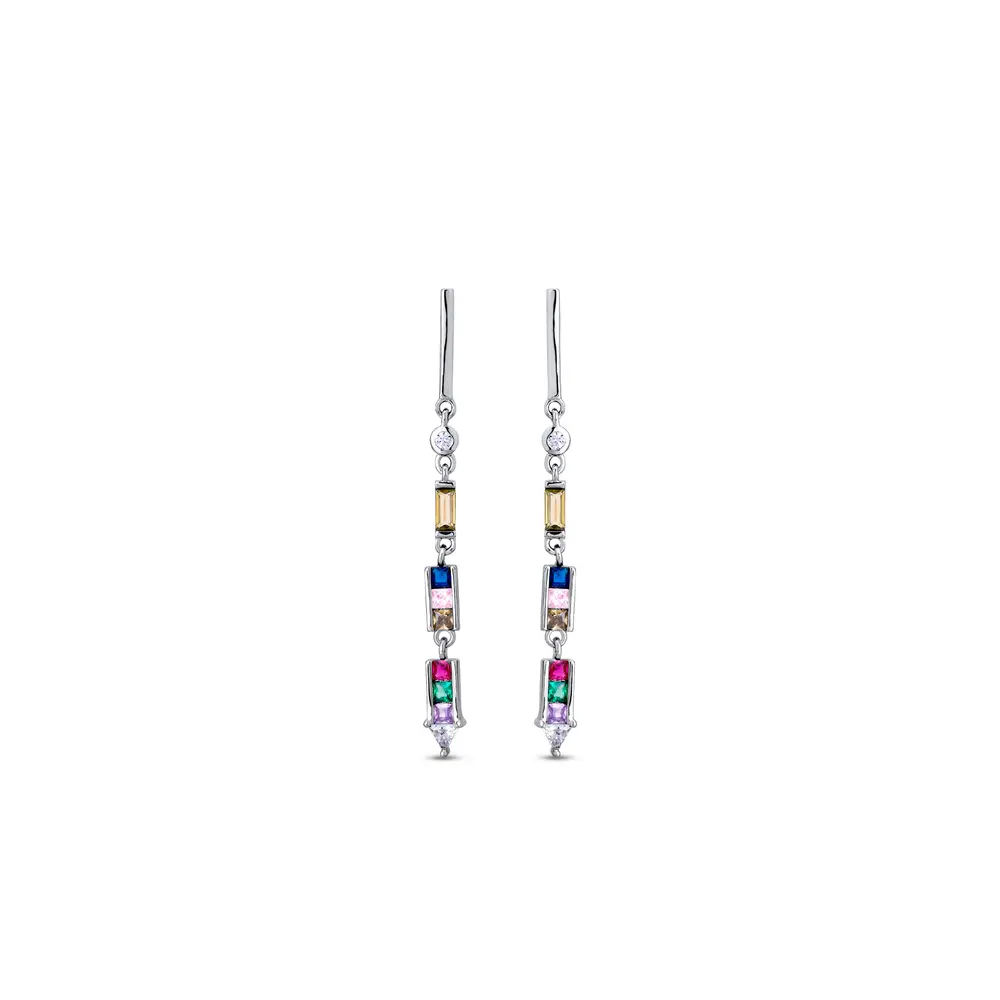 Brinco Prata Rodinado Zircônias Coloridas Penduradas