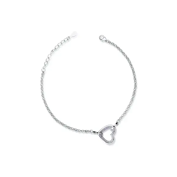 Pulseira Prata Rodinada Coração Central Com Zircônias
