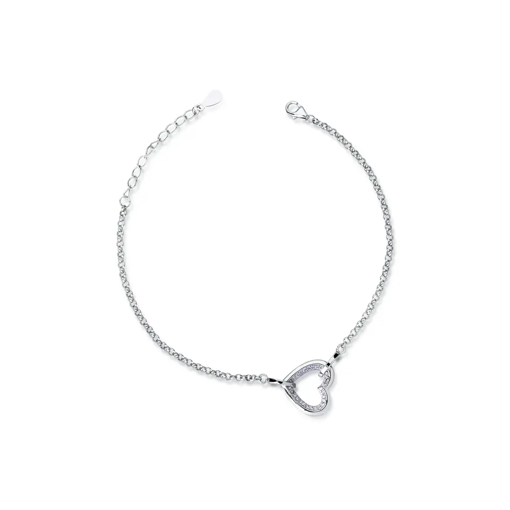 Pulseira Prata Rodinada Coração Central Com Zircônias