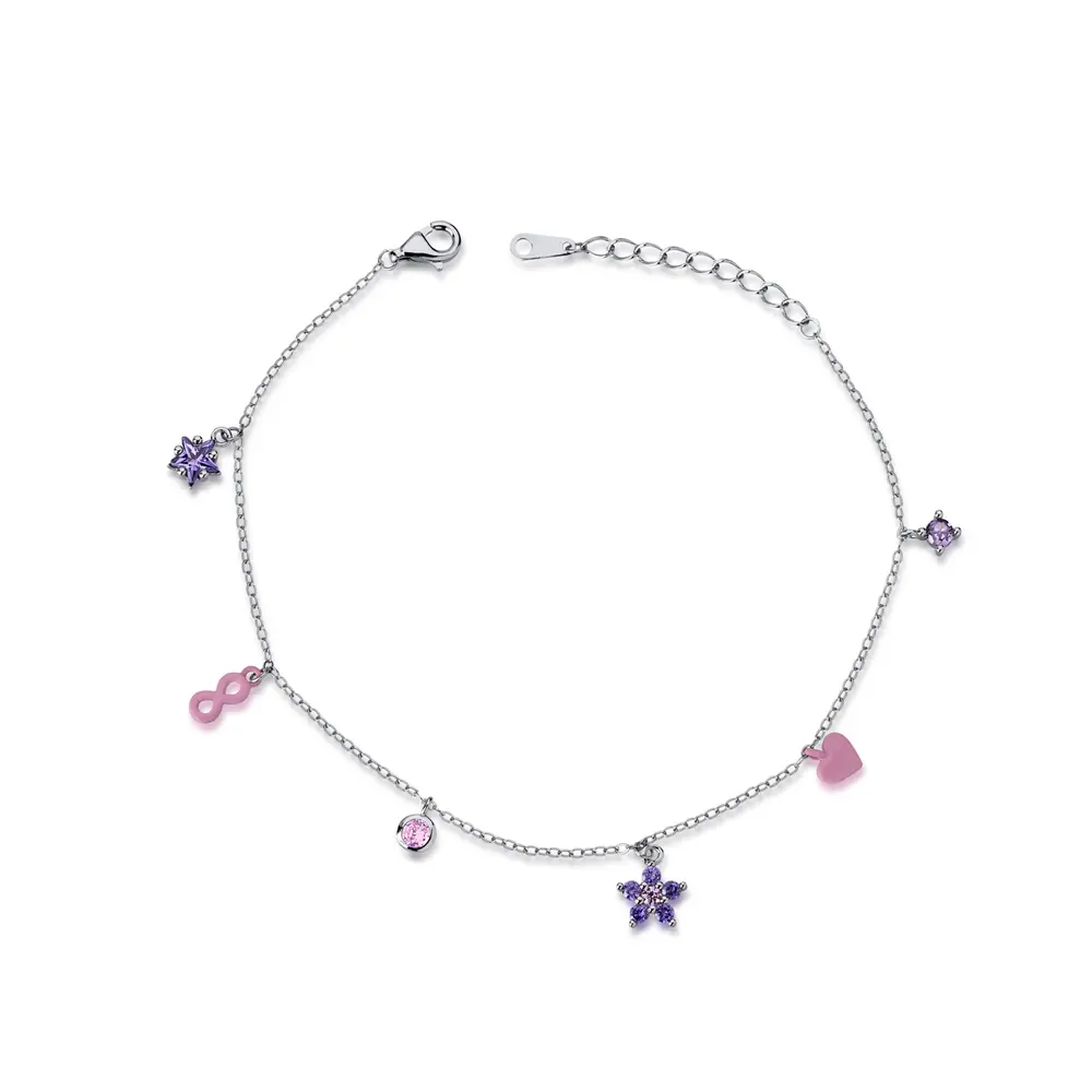 Pulseira Prata Rodinada Pingentes Variados Coloridos