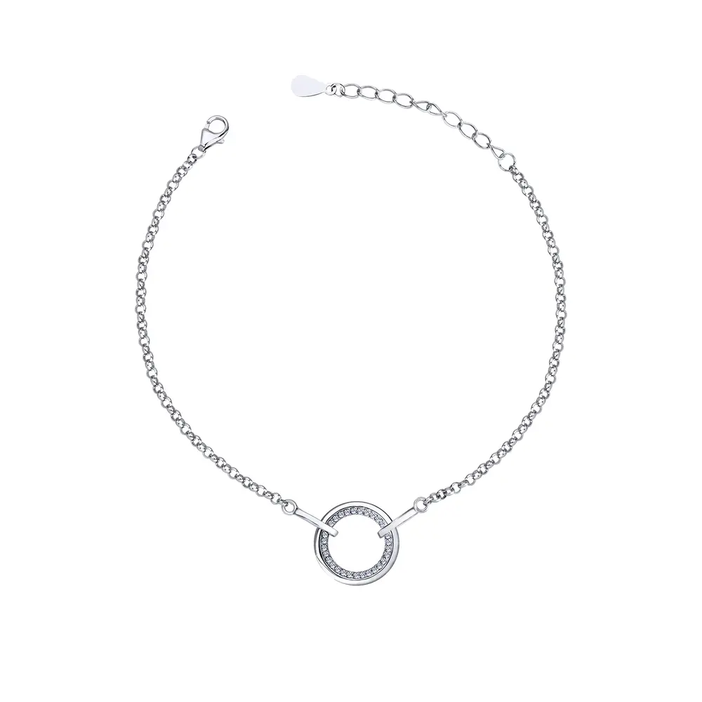 Pulseira Prata Rodinada Circulo Central Com Zircônias