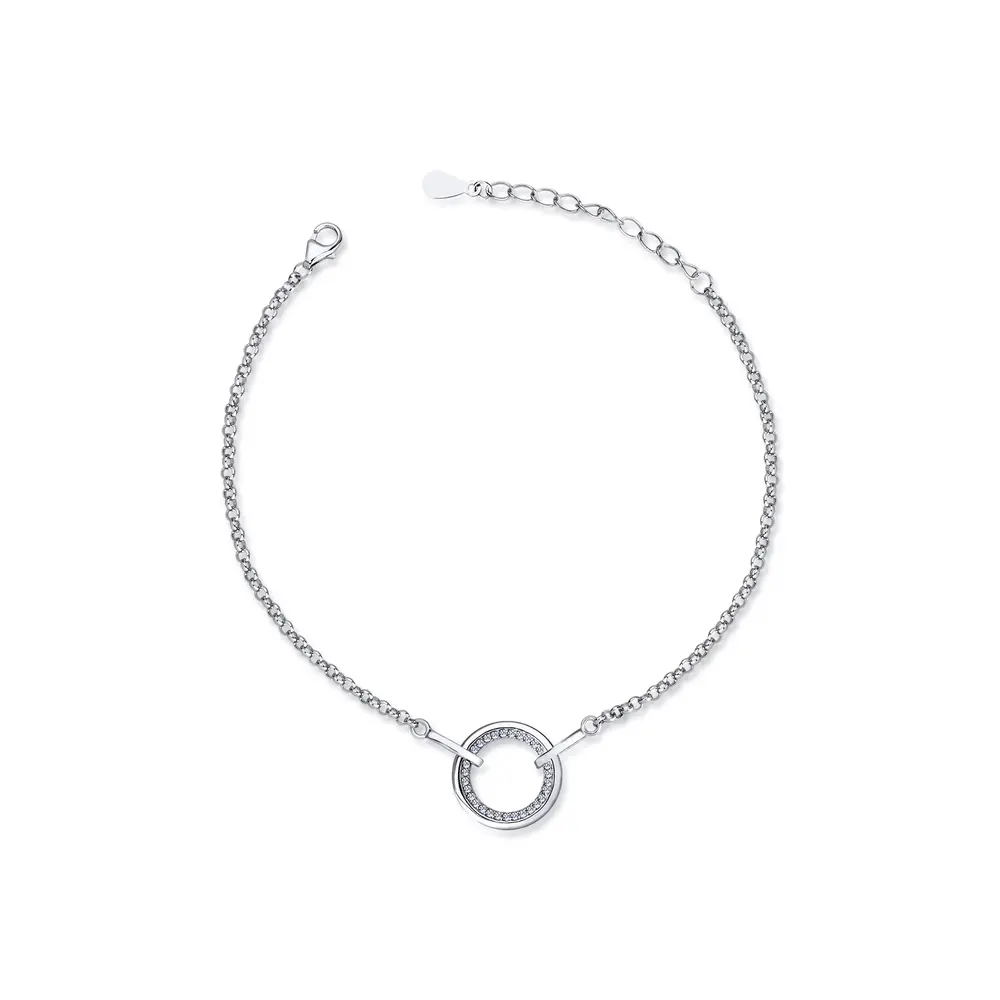 Pulseira Prata Rodinada Circulo Central Com Zircônias