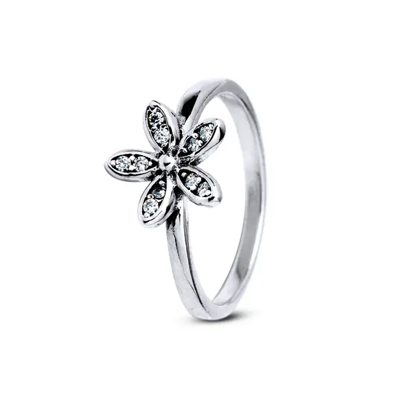 Anel Prata Flor Com Zircônias