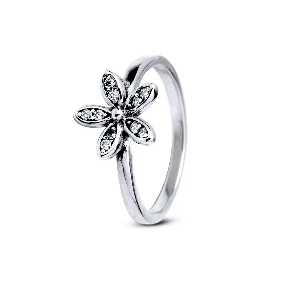 Anel Prata Flor Com Zircônias