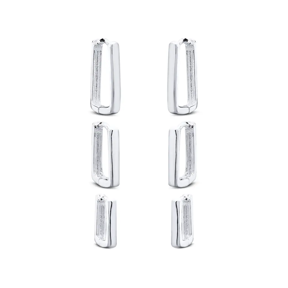 Brinco Prata Leve Trio Retangular Liso
