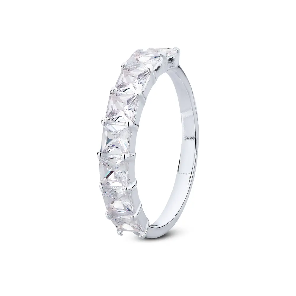 Anel Prata Meia Aliança Zircônias Quadradas