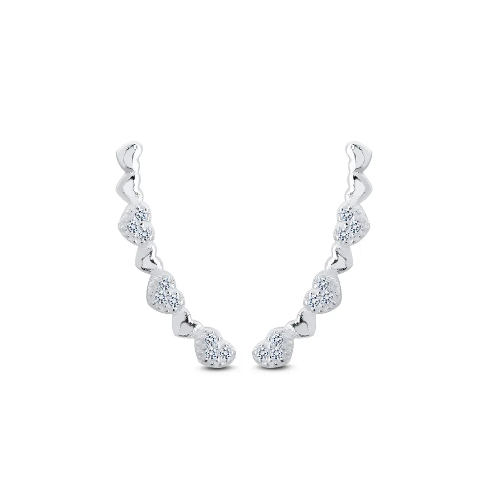 Brinco Prata Ear Cuff Corações Com Zircônias