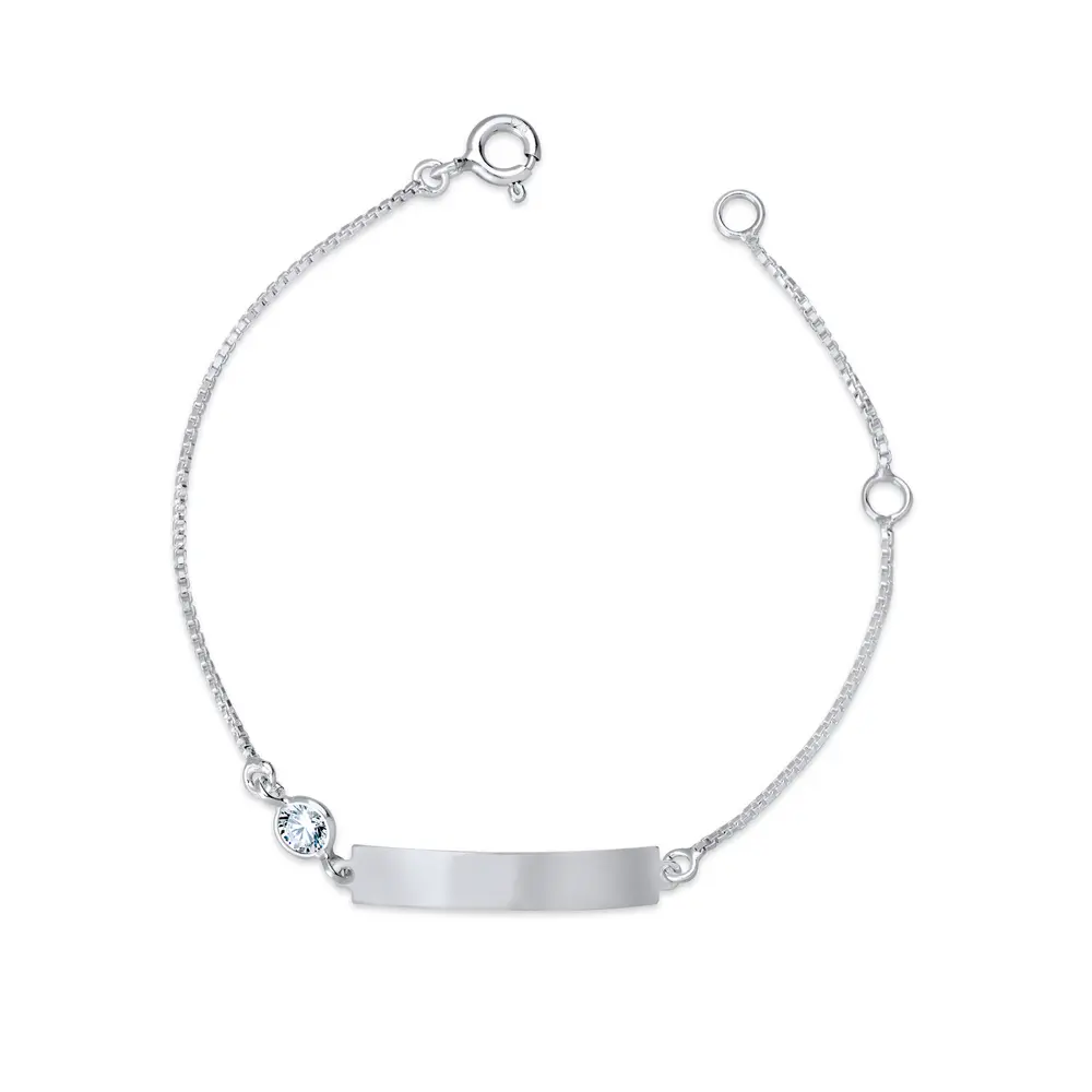 Pulseira Prata Infantil Placa Com 1 Pedra De Zircônia Branco